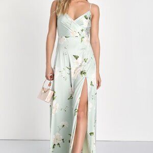 Lulus Radiant Occasion Light Green Floral Satin A-line Maxi Dress - Size M